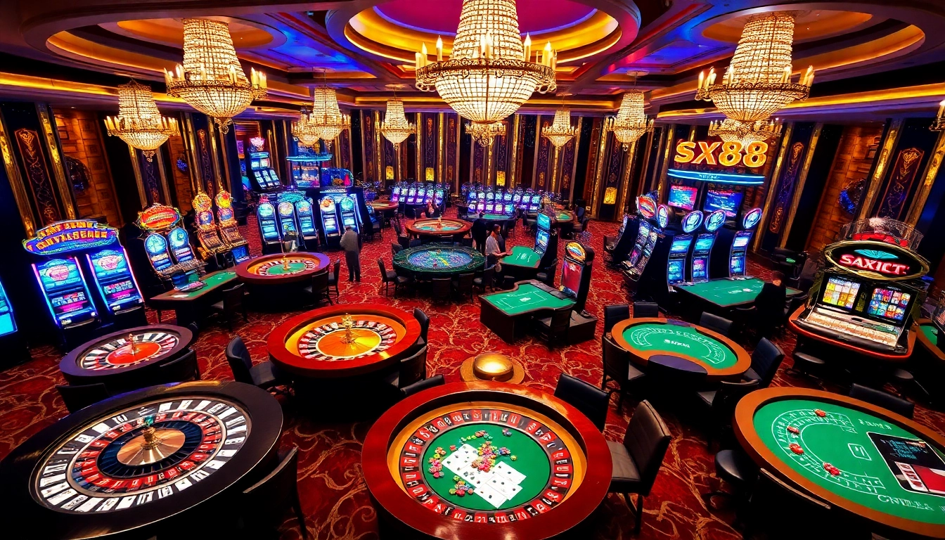 Immersive casino scene with sx88 branding, showcasing thrilling games and luxury atmosphere.