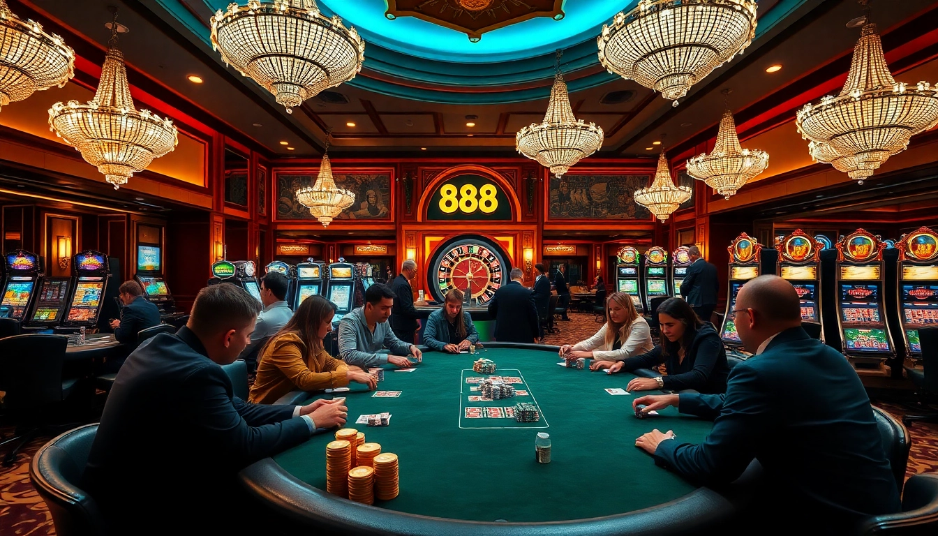 Players engaging in a high-stakes game at au88 casino, surrounded by vibrant slot machines and roulette tables.