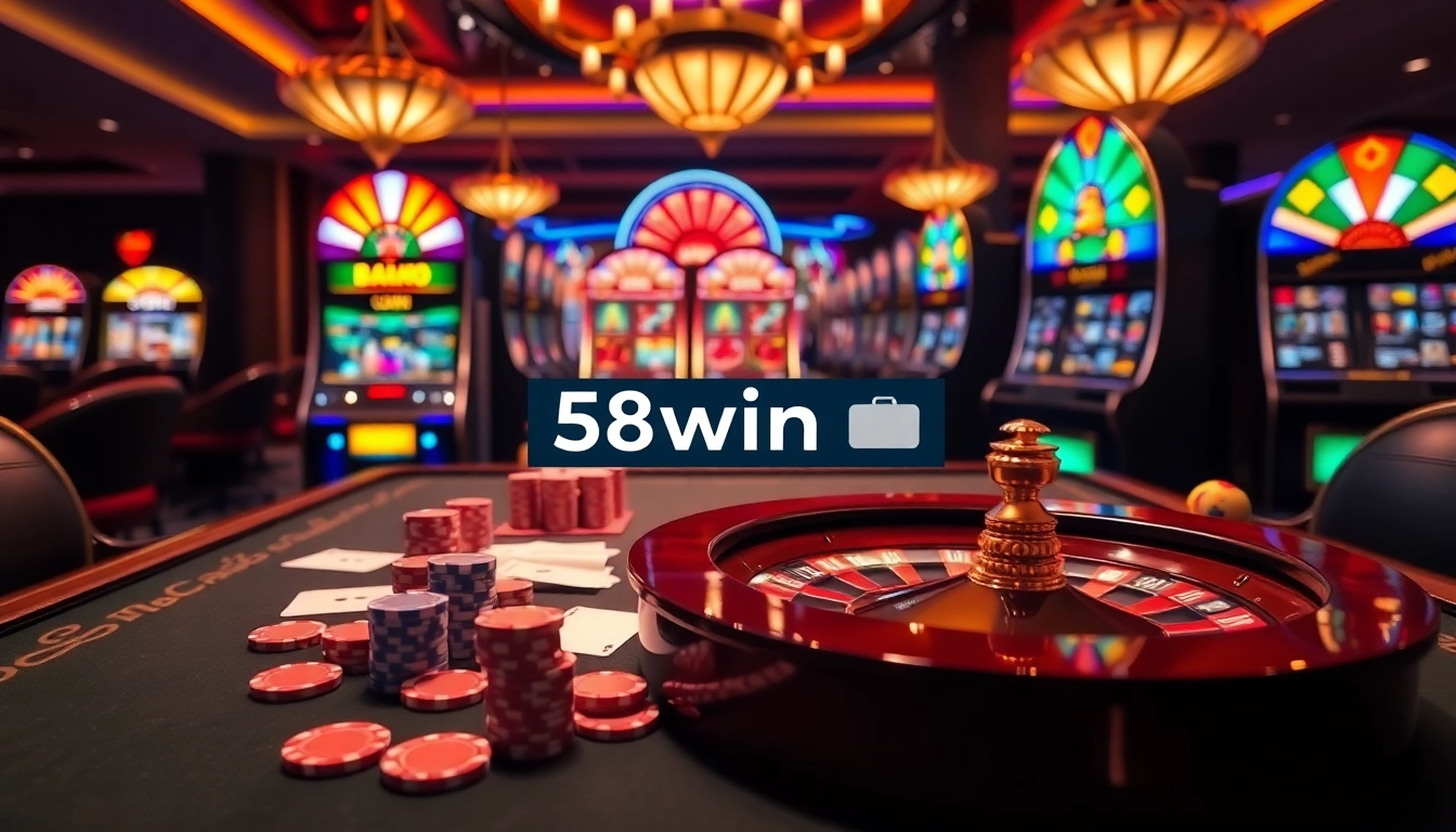 Experience the thrill of 58win login with vibrant gaming elements in a luxurious casino setting.