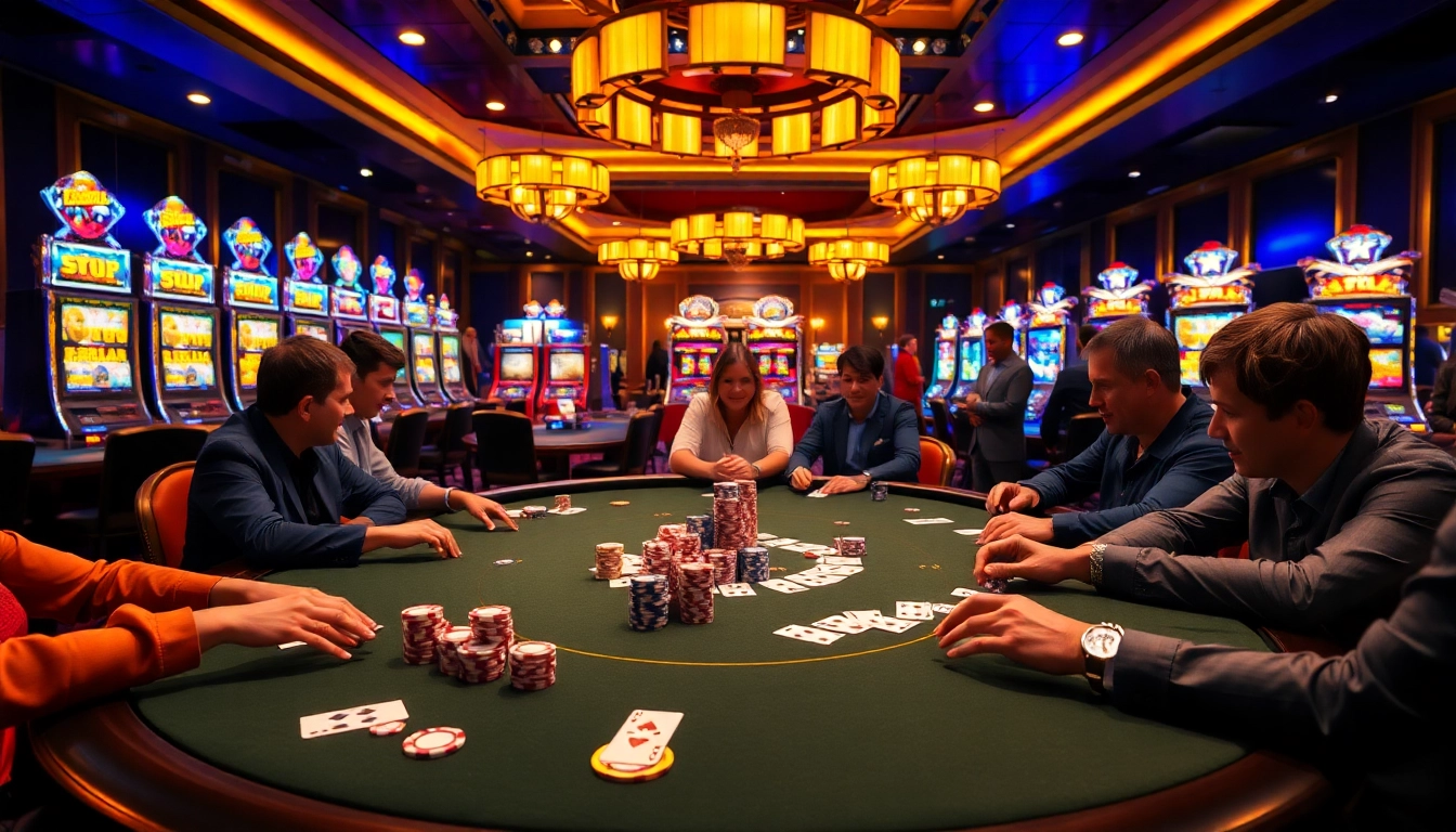Players enjoy engaging games and wins at E2bet casino, featuring poker tables, slot machines, and vibrant atmosphere.