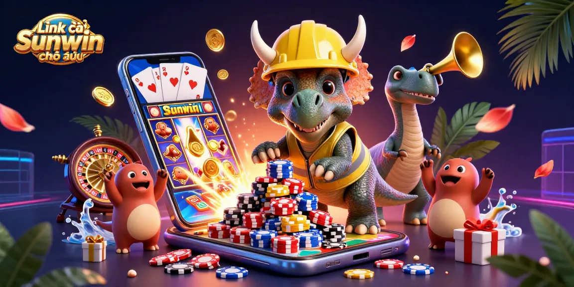 Link vào Sunwin chính thức showcases a cheerful scene with cartoon dinosaurs building poker chips amidst vibrant casino elements.