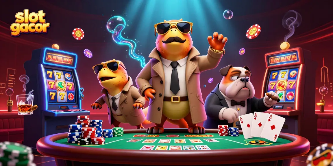 Slot gacor scene depicting playful raptors in a trench coat trying to enter a casino VIP area, enhancing promotional appeal.