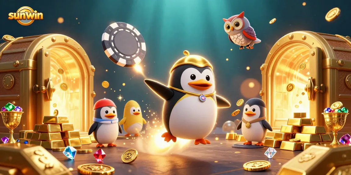 Experience the excitement of sun-win with a golden penguin flying through a vibrant casino cosmos.