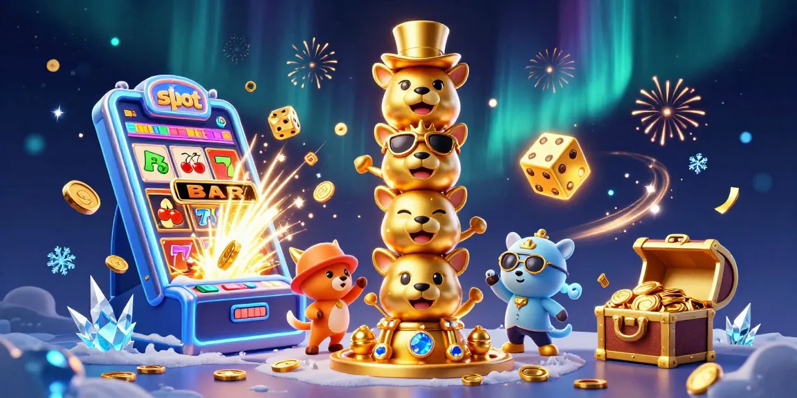 Slot menyajikan mesin slot 3D yang meledak dengan koin dan cahaya, dikelilingi oleh totem bertema kasino.