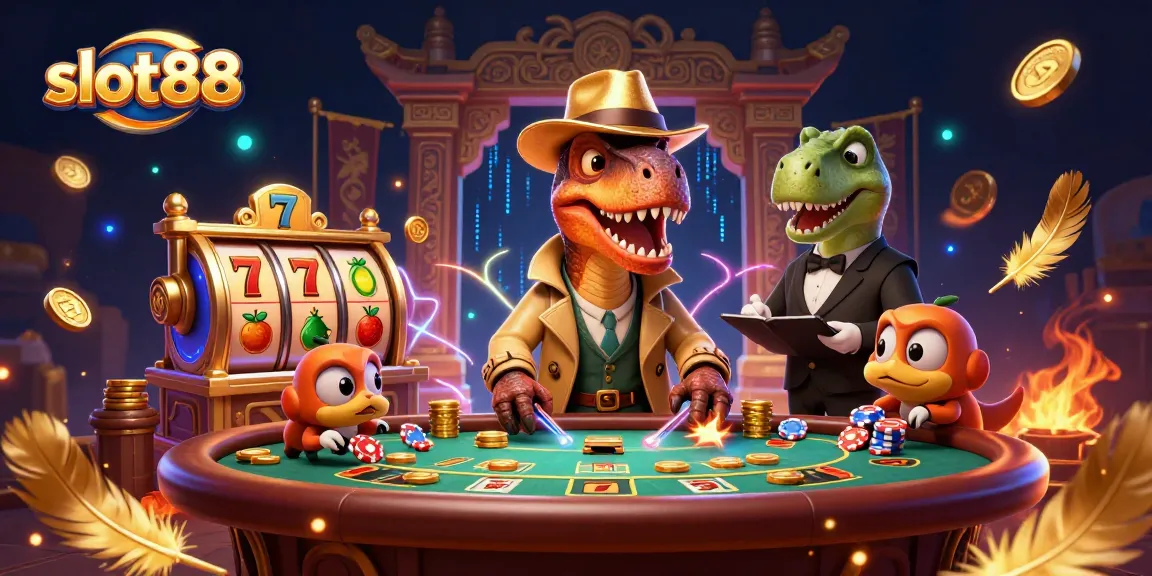 Slot88 menampilkan velociraptor bermain di meja blackjack dengan elemen kasino yang dramatis